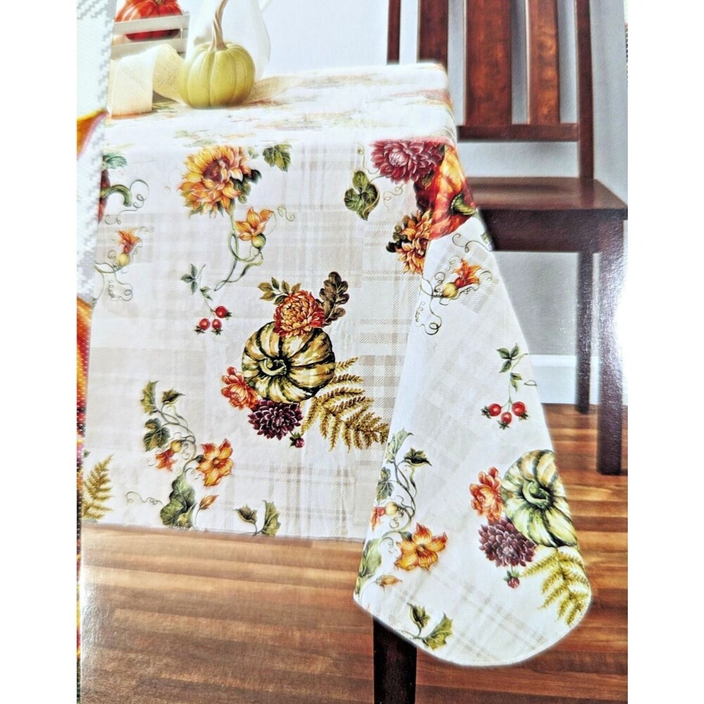 Harvest Pumpkin Floral Vinyl Tablecloth Painted Botanical Fall 60 x 84-in NEW
